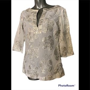 Tory Burch Rochelle Floral Silver Applique Top.  SZ 6